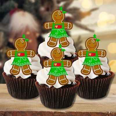 Gingerbread Woman Edible Cupcake Toppers, Edible Christmas Cake Decorations, Christmas Gingerbread Man Cake Topper Decorations, Ginger Bread Lady Cookie Decor PRECUT 2 inch / 5cm (24)