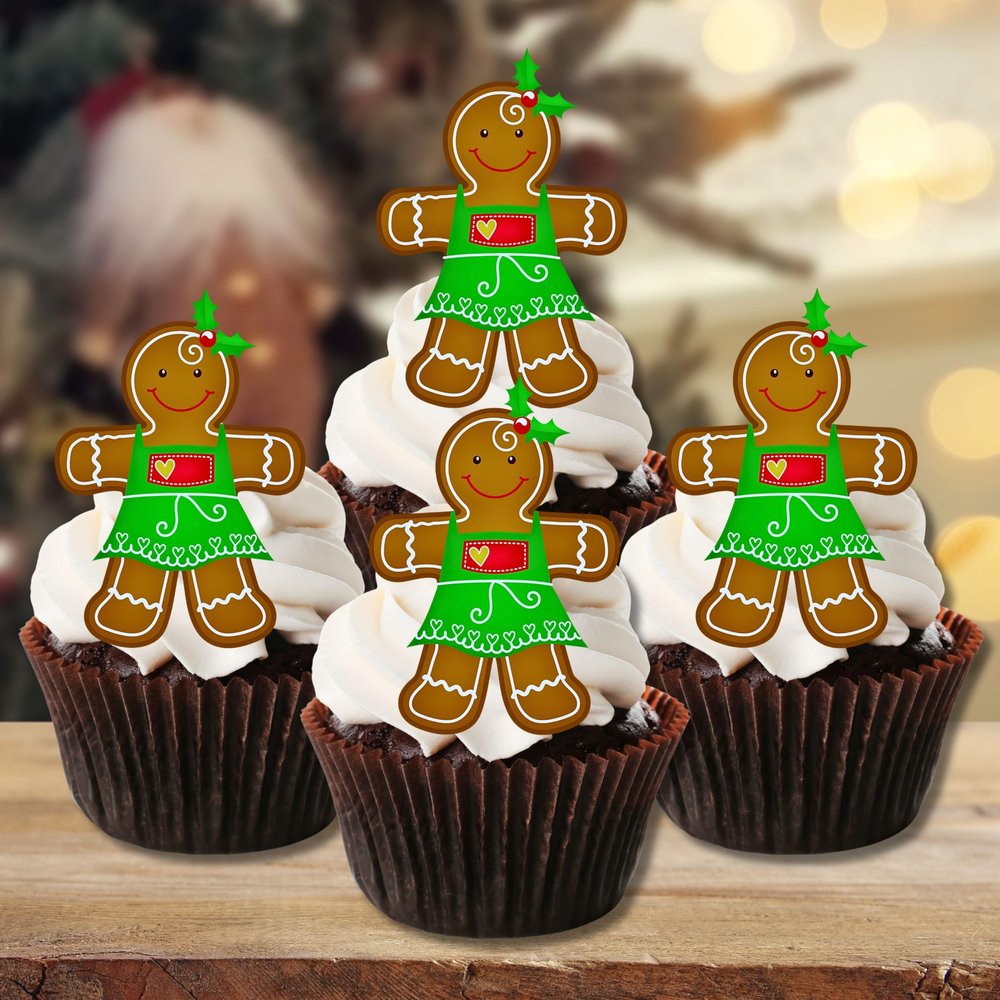 Gingerbread Woman Edible Cupcake Toppers, Edible Christmas Cake Decorations, Christmas Gingerbread Man Cake Topper Decorations, Ginger Bread Lady Cookie Decor PRECUT 2 inch / 5cm (24)