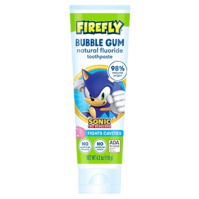 Firefly Kids Anti-Cavity Natural Fluoride Toothpaste, Sonic The Hedgehog, Bubble Gum Flavor, ADA Accepted, 4.2 OZ