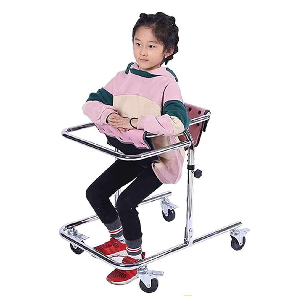 Child Rehabilitation Rollator, Walking Aid with Seat Walking Mobility Aid Lower Limb Rehabilitation Aids Training Stand,Camel (Pink)