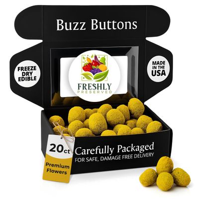 Buzz Buttons Edible Flowers for Cocktails & Desserts - 20 USA Grown Flowers for Drink Garnish - Freeze-dried Spilanthes/Szechuan Button/Acmella Oleracea Flowers (0.2 oz)