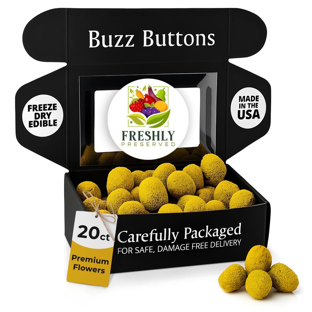 Buzz Buttons Edible Flowers for Cocktails & Desserts - 20 USA Grown Flowers for Drink Garnish - Freeze-dried Spilanthes/Szechuan Button/Acmella Oleracea Flowers (0.2 oz)