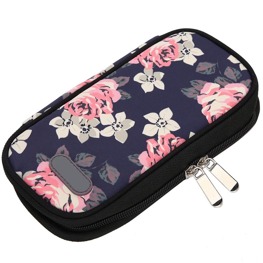 Medicine Travel Organizer, Multiple-Layer Insulin Cold Storage Bag Portable Lightweight Medicines Refrigerated Cool Storage Case for Diabetes and Other Diabetic Supplies (Black Bottom Red Flower)