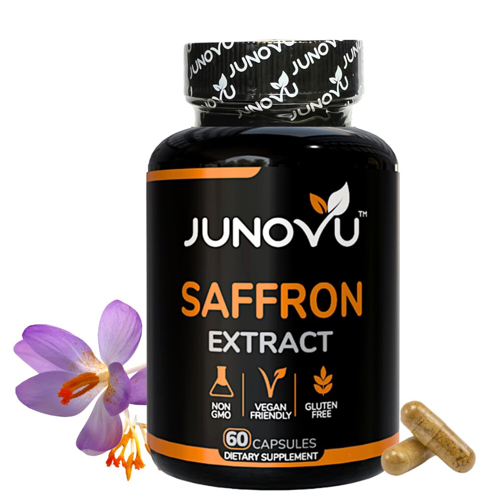 Junovu Premium Saffron Supplements - Pure Saffron Extract Capsules 88.50mg - Made in USA - Focus | Mood | Vision Support - Non-GMO, Vegan, Gluten Free - 60 Capsules (Pack of 1)