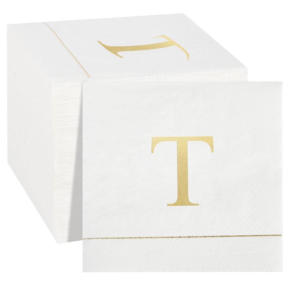 Ottin Monogrammed Letter T 120 Packs Initial Paper Cocktial Napkins 5'' Golden Foil Disposable Napkins for Brithday Wedding Engagement Family Gathering Holiday Dinner Business Reception