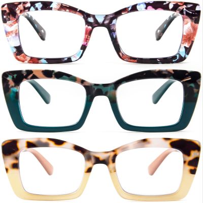 REAVEE 3 Pack Oversized Square Reading Glasses Oprah Style for Women, Blue Light Blocking Large Frame Computer Designer Fashion Readers with Spring Hinge (Flower/Blue/Green,3.5)