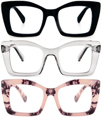 REAVEE 3 Pack Oversized Square Reading Glasses Oprah Style for Women, Blue Light Blocking Large Frame Computer Designer Fashion Readers with Spring Hinge (Black/Pink Tortois/Grey,2.75)