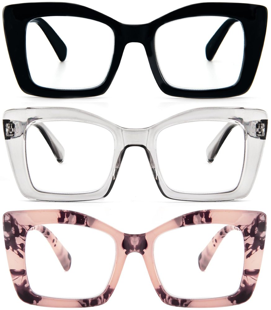 REAVEE 3 Pack Oversized Square Reading Glasses Oprah Style for Women, Blue Light Blocking Large Frame Computer Designer Fashion Readers with Spring Hinge (Black/Pink Tortois/Grey,2.75)