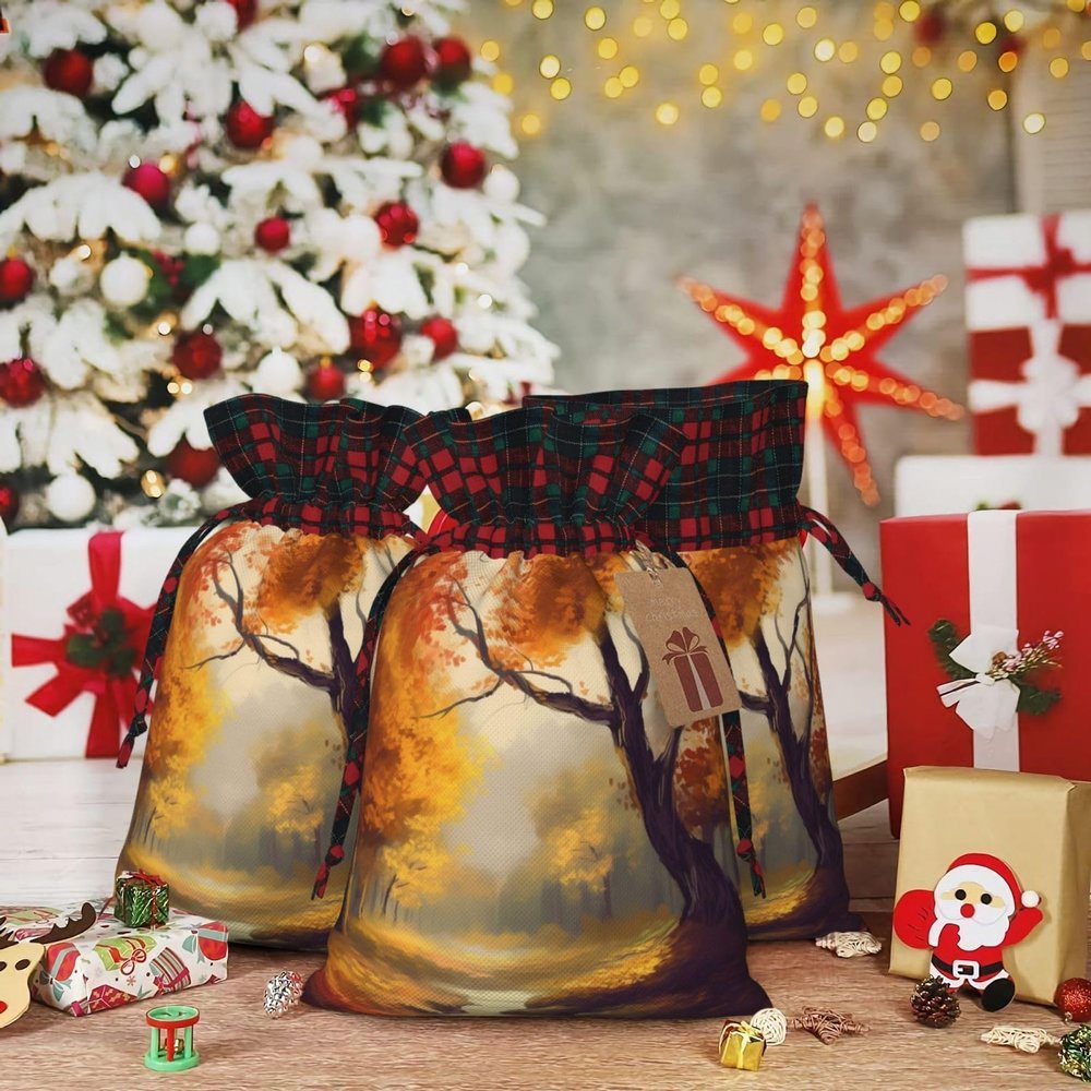 EVANEM Christmas Gift Bags with Drawstring Burlap Gift Bags Autumn art Christmas Linen Bags for Xmas Party Candy Bags with Cards Xmas Reusable Wrapping Bags Christmas Linen Treat Bags for Holiday