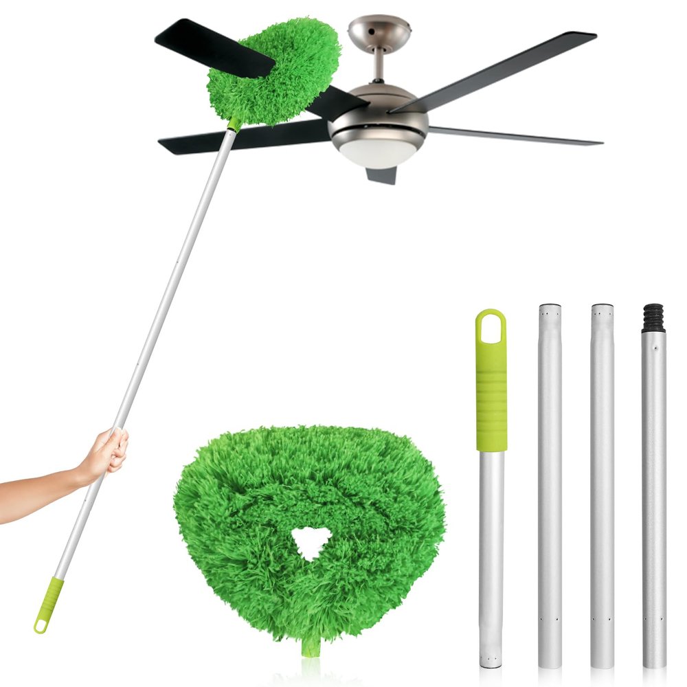 Ceiling Fan Cleaner Duster High Ceiling Extended Fan Blade Cleaner from 13 to 50 Inch Reusable Microfiber Ceiling Fan Duster with Extension Handle for Furniture Bookshelves Wall Door (Green)