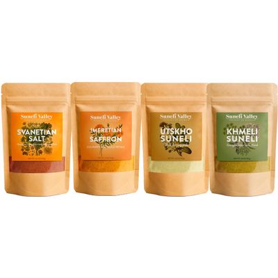 Suneli Valley | Georgian Spices 4-Pack Gift Set | Svanetian Salt, Imeretian Saffron, Utskho, Khmeli Suneli