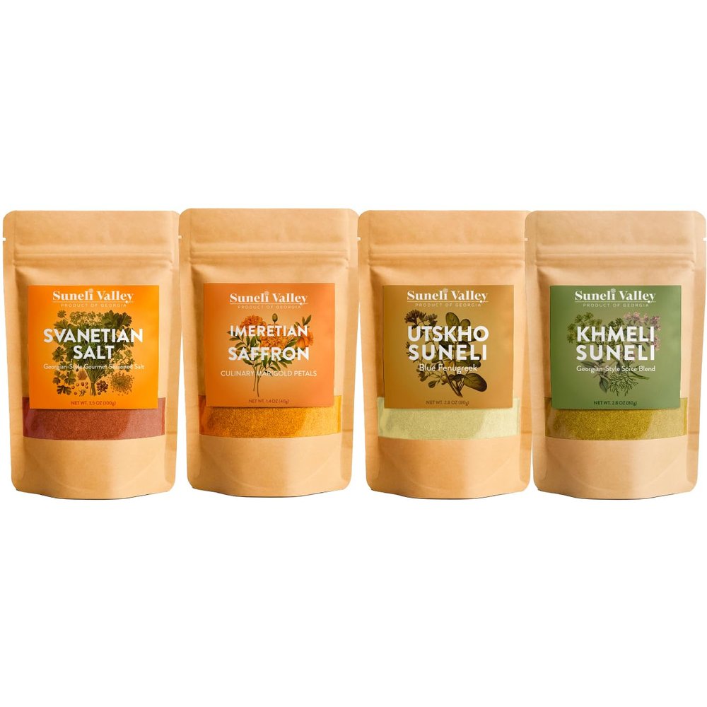 Suneli Valley | Georgian Spices 4-Pack Gift Set | Svanetian Salt, Imeretian Saffron, Utskho, Khmeli Suneli