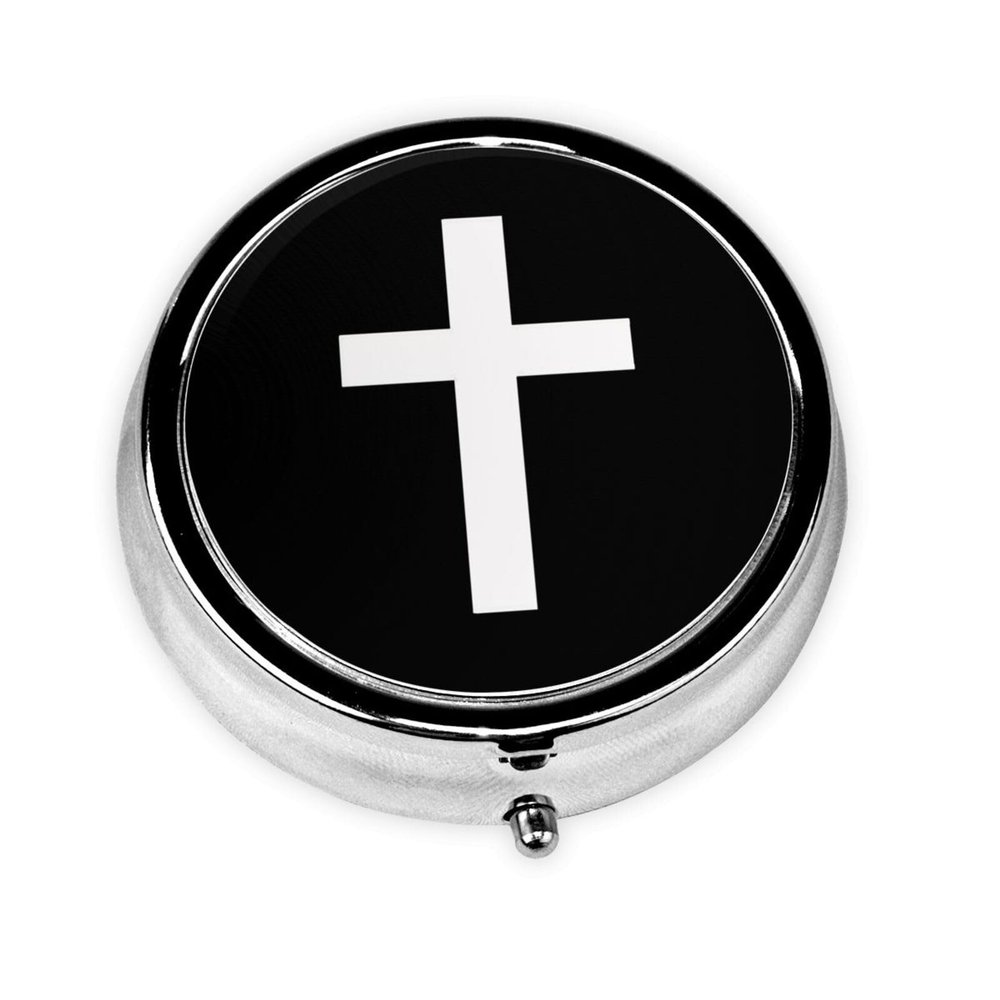 Cross on Black Round Pill Box Streamline Daily Medication Routine