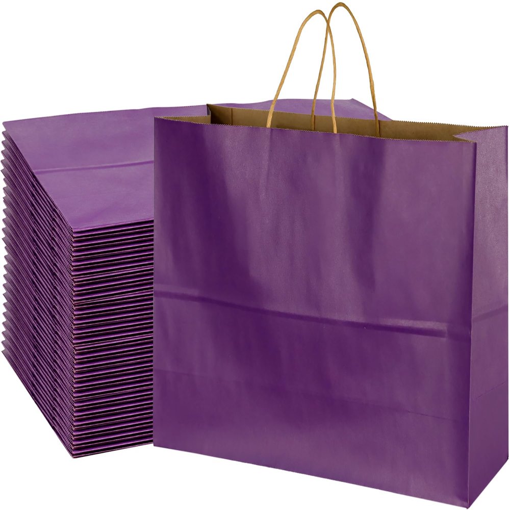 BLEWINDZ 70Pcs Large Paper Bags with Handles, 16x6x12 Inches Purple Paper Shopping Bags for Small Business, Large Kraft Gift Bag Bulk for Grocery Mechandise Retail