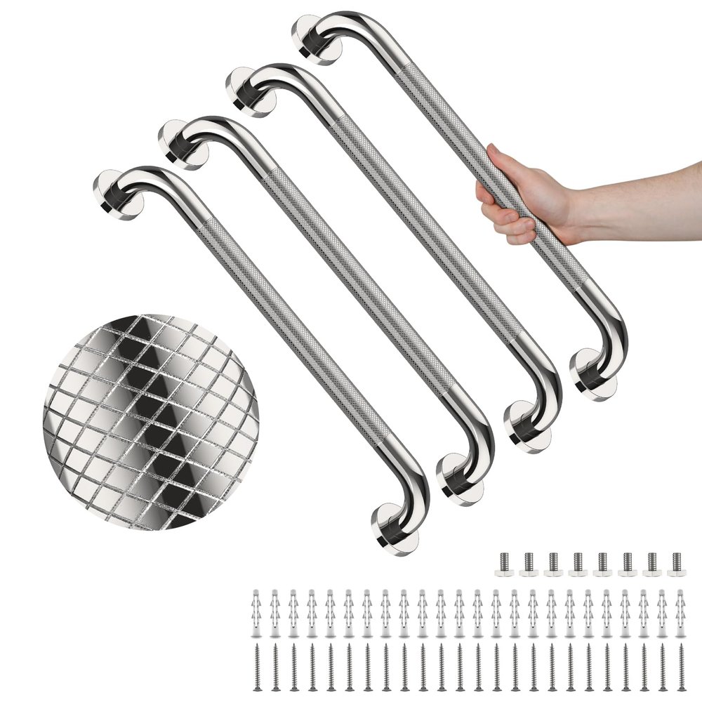 4 Pack 24 Inch Shower Grab Bar, YuanDe Chrome Bathroom Grab Bar Handle w/Anti-Slip Knurled Grip, Stainless Steel Bath Balance Bar,1.25" Diameter Safety Hand Rail Support,Handicap Injury Elderly Senior