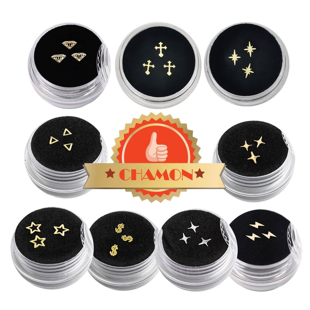 Chamon Gold Plated 18K Tooth Gems - 9 Boxes Cross Star Lightning Design 3mm-5mm Ultra-Thin Decorative Gem for Party and Cosplay DIY