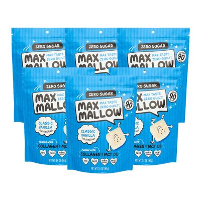 Max Mallow Sugar Free Marshmallows - Keto Friendly, Perfect for S'mores, Hot Chocolate, and Baking with Zero Sugar Snacks, Smores Mct Oil Zero Sugar Marshmellow Marshmallow Classic Vanilla, 6 Pack