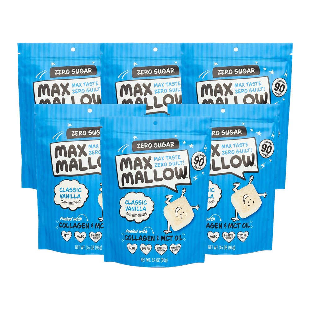 Max Mallow Sugar Free Marshmallows - Keto Friendly, Perfect for S'mores, Hot Chocolate, and Baking with Zero Sugar Snacks, Smores Mct Oil Zero Sugar Marshmellow Marshmallow Classic Vanilla, 6 Pack