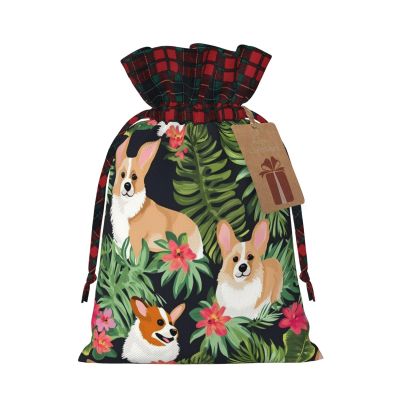 Dwrepo Tropical flower and corgi Print Gift Bags Drawstring Xmas Gift Bags Christmas Treat Bags For Holiday Party Small