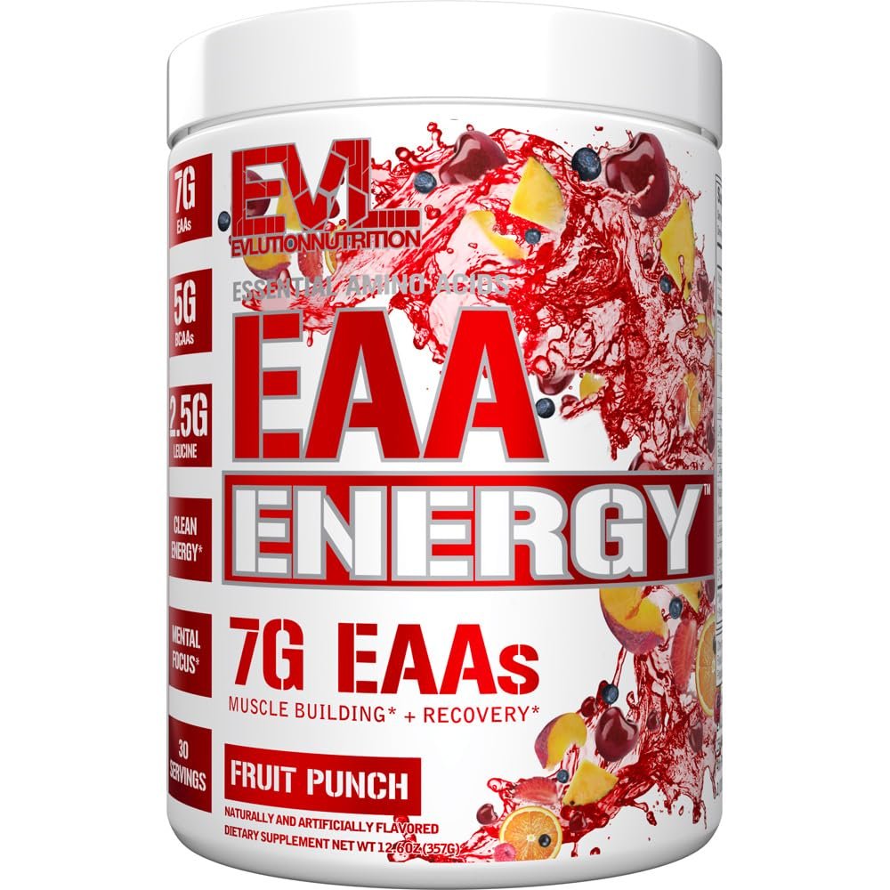 Evlution Nutrition EAA Energy - Pre & Post Workout Powder - Muscle Building & Recovery Supplement - 7g Essential Amino Acids + 5g BCAAs - Clean Energy - with Caffeine - 30 Servings - Fruit Punch