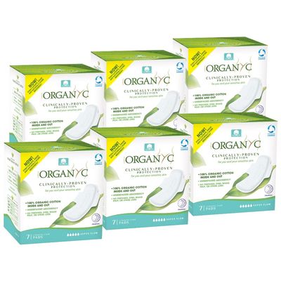 Organyc New Version 100% Certified Organic Cotton Inside and Out Overnight Feminine Pads, Heaviest Flow, Super Absorbency 2.0, 7 Count (6 Pack)