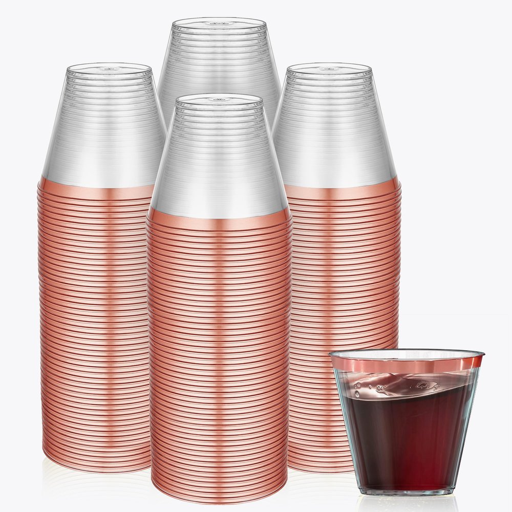 100 Pack Rose Gold Cups For Party - Plastic Cups 9 oz - Party Cups Disposable - Premium Heavy Duty Rose Gold Plastic Cups - Rose Gold Wine Glasses For Wedding - Plastic Wine Glasses/Disposable Cups