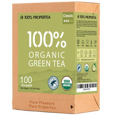 100% Propertea Organic Green Tea Bags, Hot or Iced,100 Count, Individually Wrapped,Unsweetened,Low Caffeine, Rich in Antioxidants, Classic Taste