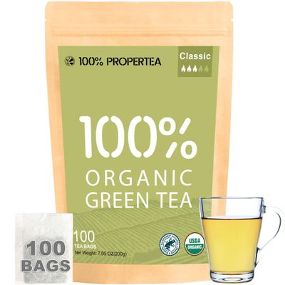 100% Propertea Organic Green Tea Bags,100 Count Eco-Friendly Tea Bags,Hot or Iced,Unsweetened,Low Caffeine, Rich in Antioxidants, Resealable Pouch,Classic Taste