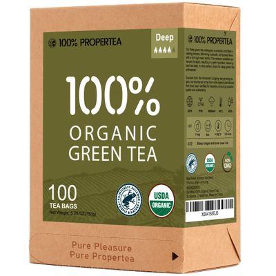 100% Propertea Organic Green Tea Bags,100 Count, Individually Wrapped, Rich in AntioxidantsHot or Iced,Unsweetened,Caffeinated,Deep Taste