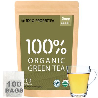 100% Propertea Organic Green Tea Bags,100 Count Eco-Friendly Tea Bags,Hot or Iced,Unsweetened,Caffeinated, Rich in Antioxidants, Resealable Pouch, Deep Taste