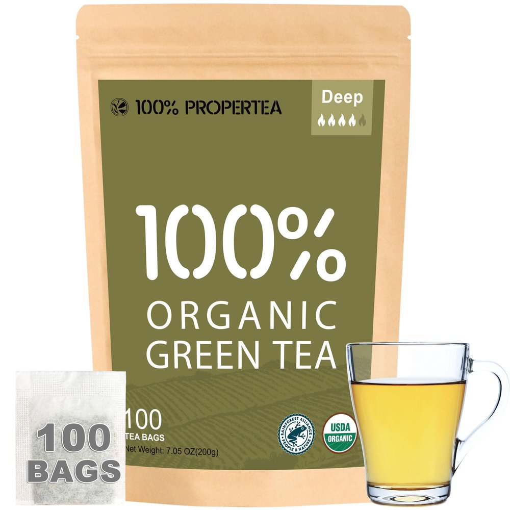 100% Propertea Organic Green Tea Bags,100 Count Eco-Friendly Tea Bags,Hot or Iced,Unsweetened,Caffeinated, Rich in Antioxidants, Resealable Pouch, Deep Taste