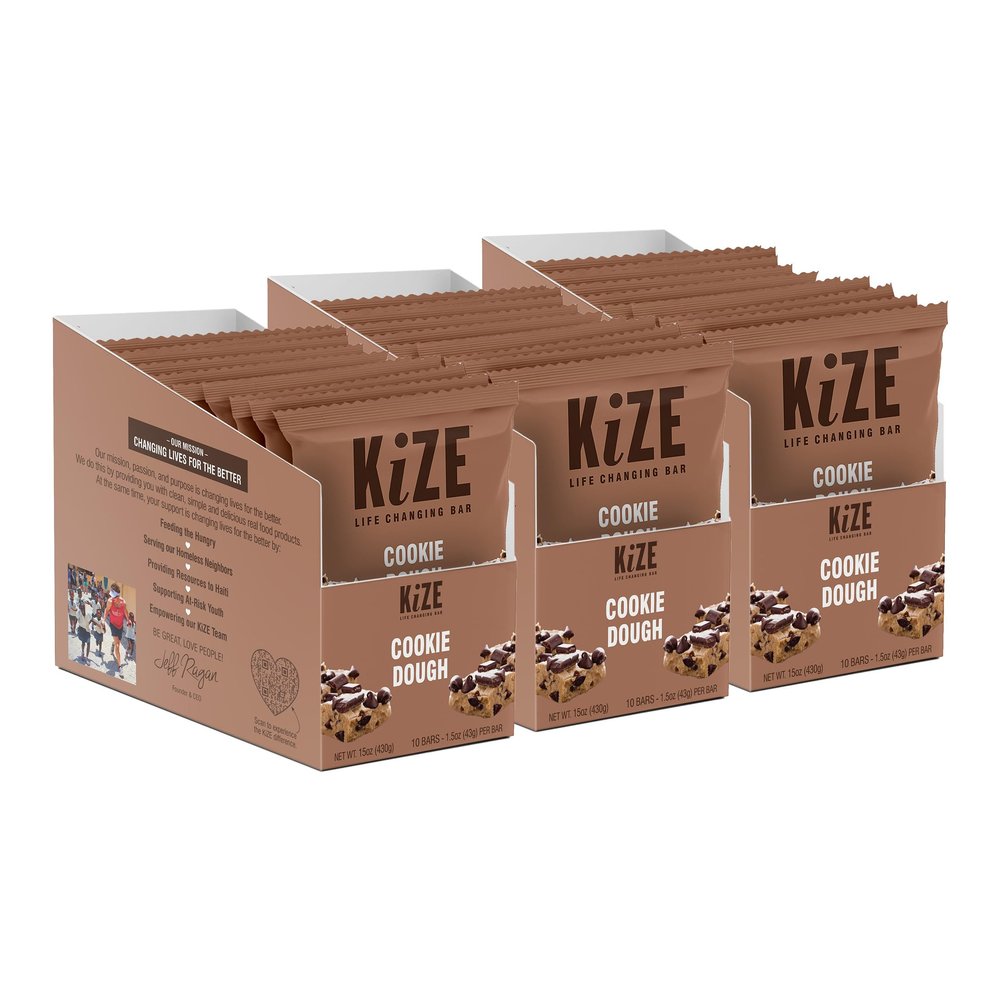 KiZE Energy Bars - Cookie Dough - 30-Count - Gluten Free, Dairy Free, Non-GMO, and High Protein Meal Replacement Energy Bars, Clean and Simple Food Ingredients - 10g High Protein Snacks (30 Count)
