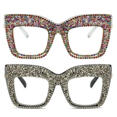 willochra 2pcs Oprah style Bling Rhinestone Square Reading Glasses For Women Shiny Diamond Blue Light Blocking Eyeglasses (2pcs-white&Rainbow, 3, x)