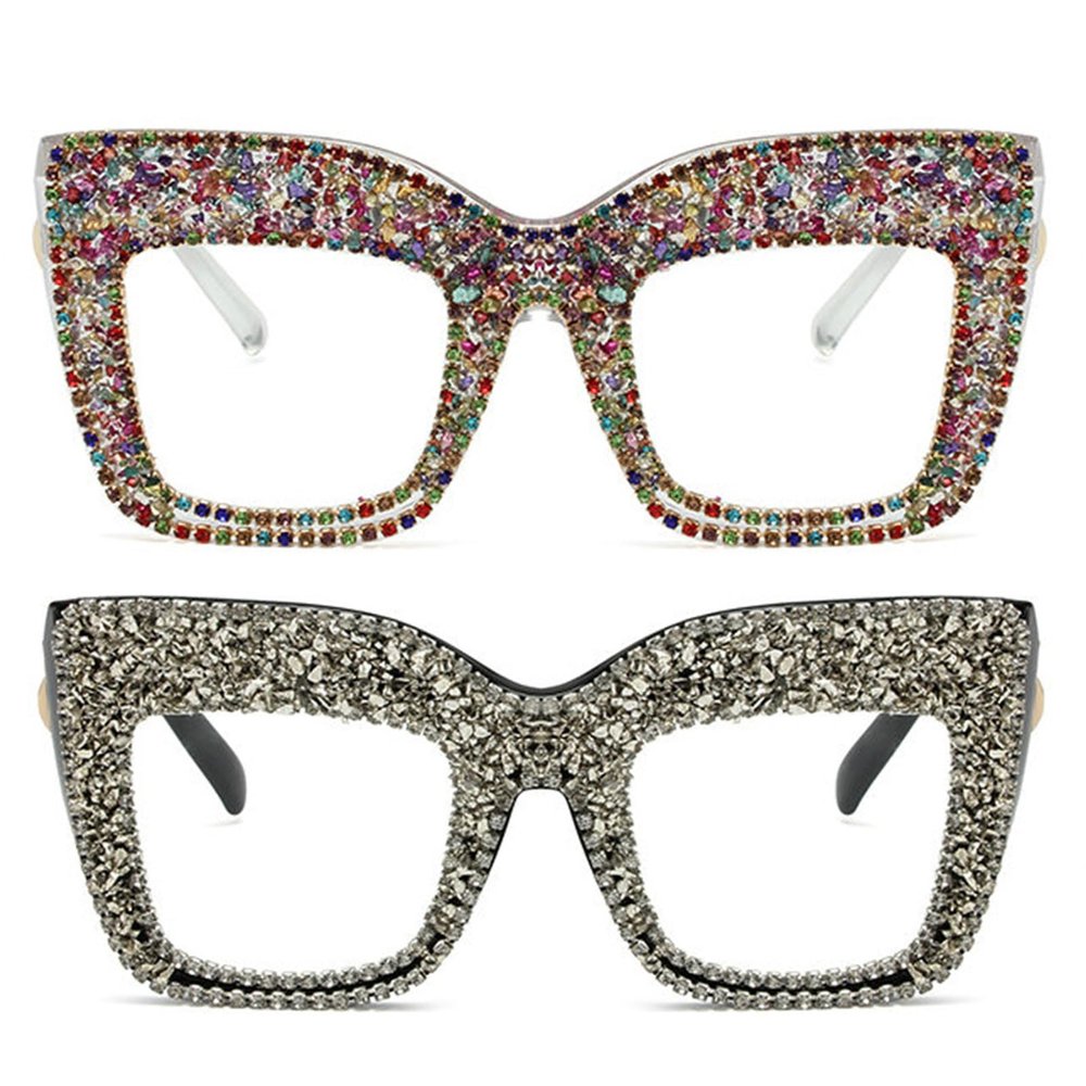 willochra 2pcs Oprah style Bling Rhinestone Square Reading Glasses For Women Shiny Diamond Blue Light Blocking Eyeglasses (2pcs-white&Rainbow, 3, x)
