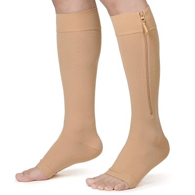 KEKING Zipper Compression Socks for Men Women, Open Toe, 20-30mmHg Firm Support Knee High Zipper Compression Stockings for Wide Calf - Varicose Veins, DVT, Shin Splints, Edema, Nursing, Beige 5XL