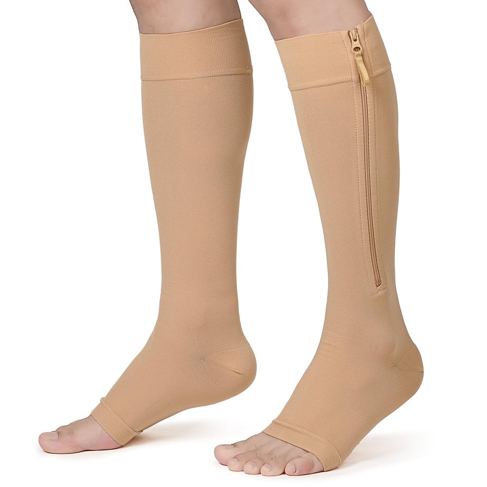 KEKING Zipper Compression Socks for Men Women, Open Toe, 20-30mmHg Firm Support Knee High Zipper Compression Stockings for Wide Calf - Varicose Veins, DVT, Shin Splints, Edema, Nursing, Beige 5XL