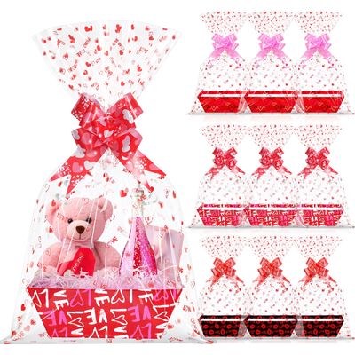12 Set Valentines Day Empty Gifts Baskets Bulk with Cellophane Basket Bags and Bows Ribbons,Love Heart Market Tray Cardboard Gift Basket Empty to Fill for Valentine's Day Birthday Wedding Decor