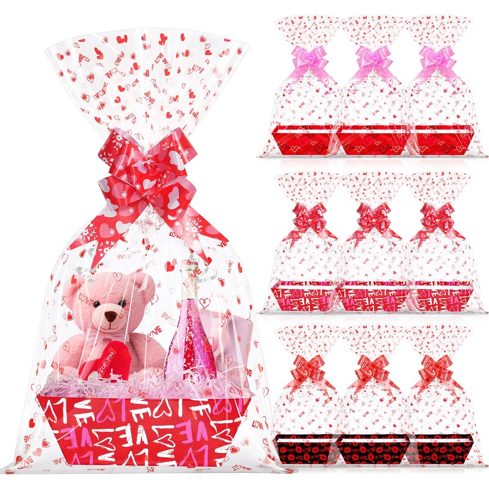 12 Set Valentines Day Empty Gifts Baskets Bulk with Cellophane Basket Bags and Bows Ribbons,Love Heart Market Tray Cardboard Gift Basket Empty to Fill for Valentine's Day Birthday Wedding Decor