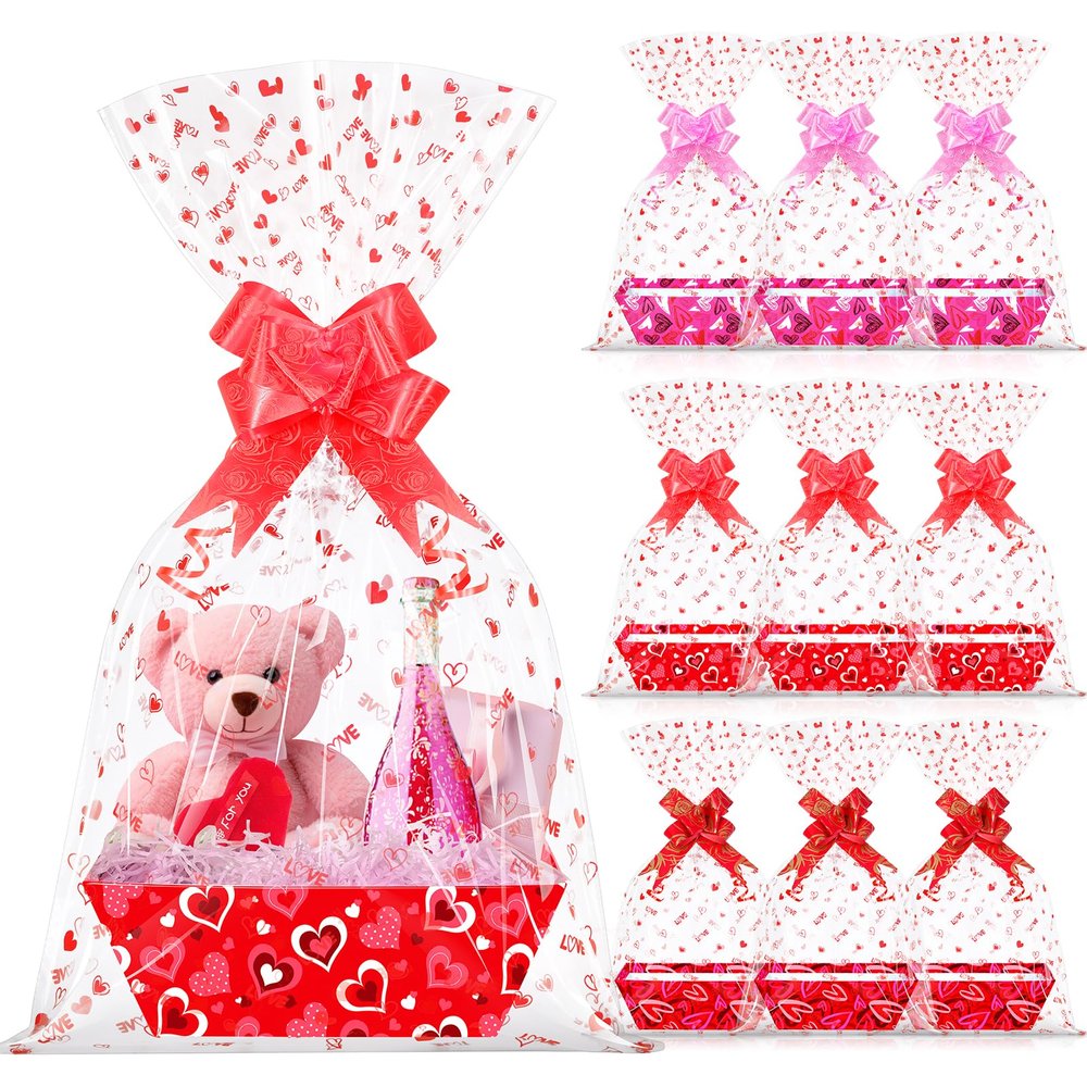 12 Set Valentines Day Empty Gifts Baskets with Cellophane Basket Bags and Bows Ribbons,Red Pink Heart Market Tray Cardboard Gift Basket Bulk Empty To Fill For Valentine's Day Birthday Wedding Decor