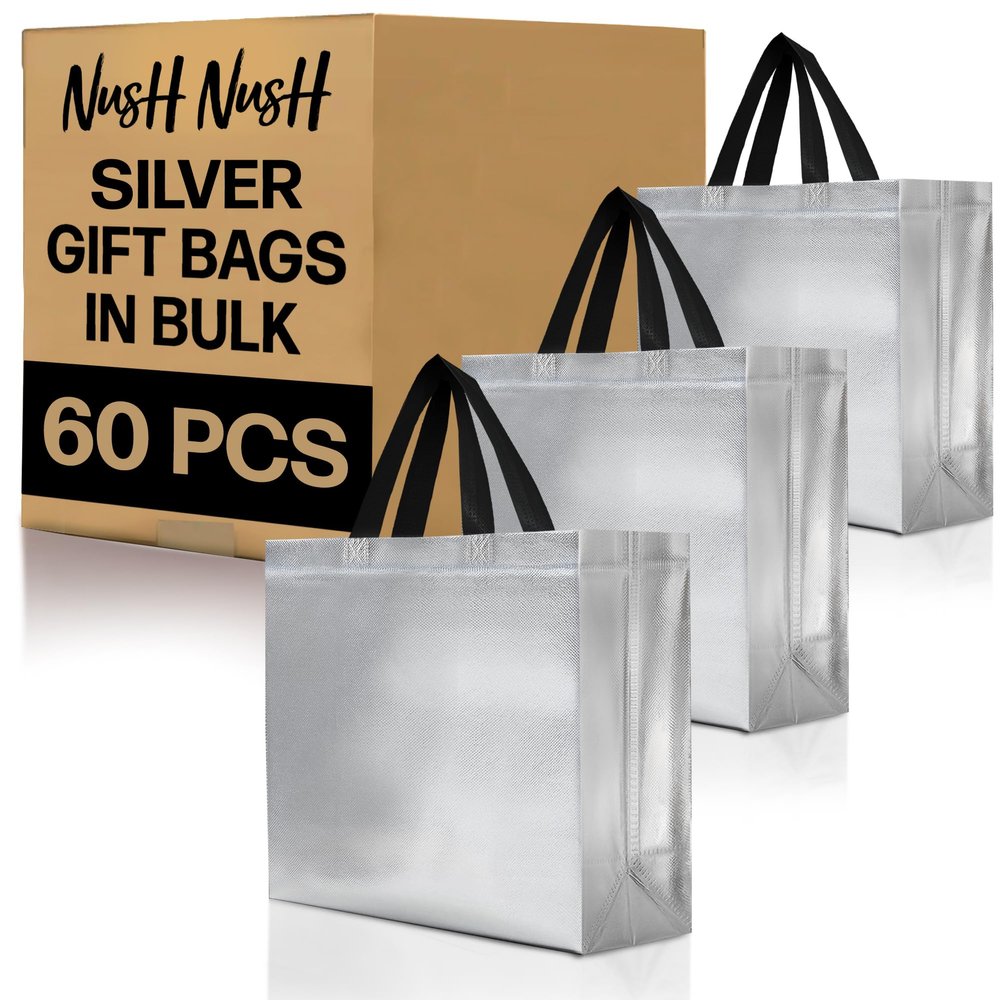 Nush Nush Large Silver Gift Bags Bulk Set of 60 Silver Reusable Bulk Gift Bags with Handles - Ideal For Small Business, Christmas Party, Thanksgiving, Birthday, Weddings, Events 13Wx5Dx11H