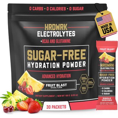 HRDWRK Electrolytes Powder Packets with Magnesium, Potassium Sodium, Keto Hydration - BCAA Electrolyte Powder Packets with Glutamine, 30 Electrolytes Powder Packets Sugar Free (Fruit Blast)