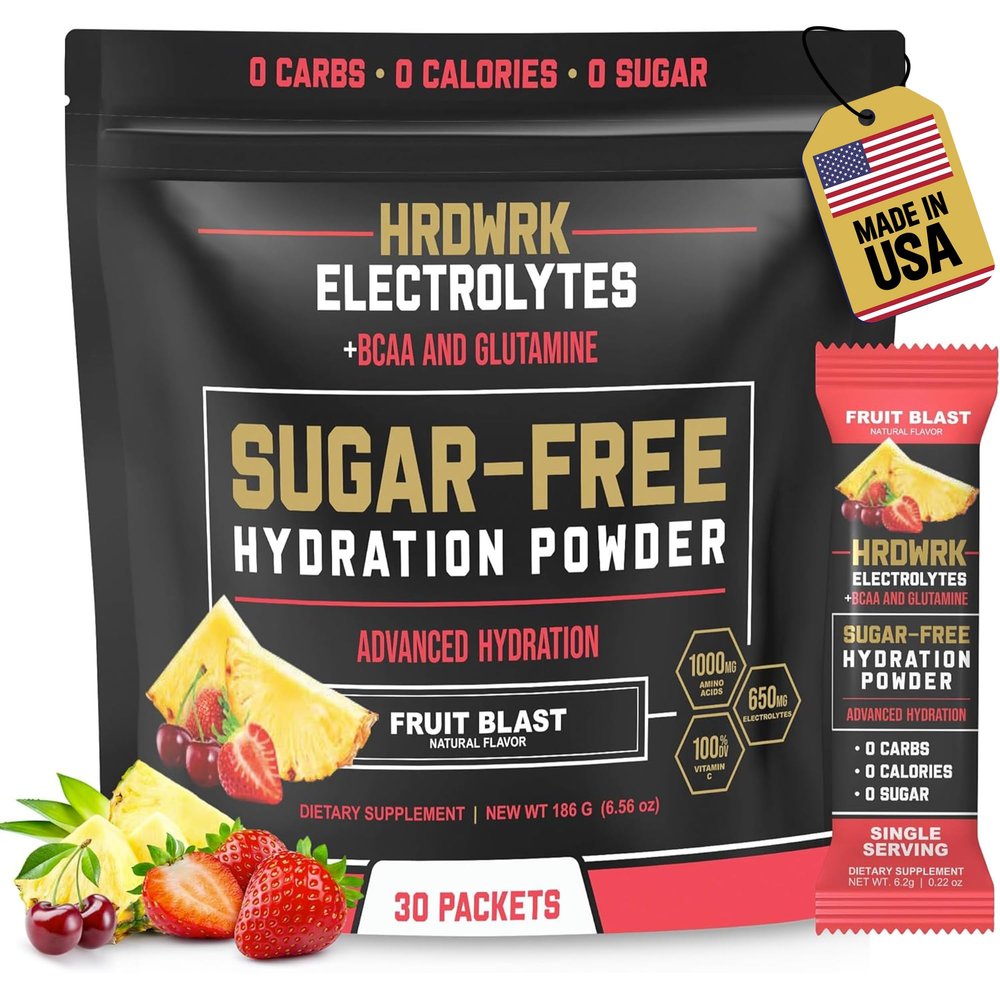 HRDWRK Electrolytes Powder Packets with Magnesium, Potassium Sodium, Keto Hydration - BCAA Electrolyte Powder Packets with Glutamine, 30 Electrolytes Powder Packets Sugar Free (Fruit Blast)