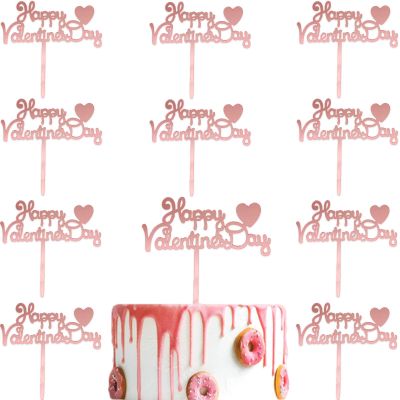 10Pcs Happy Valentine's Day Cake Topper Acrylic Cake Topper Rose Gold Valentines Day Cupcake Topper Heart Shaped Cake Picks Cake Accessories for Wedding Valentine's Day Gifts Cake Decoration Party