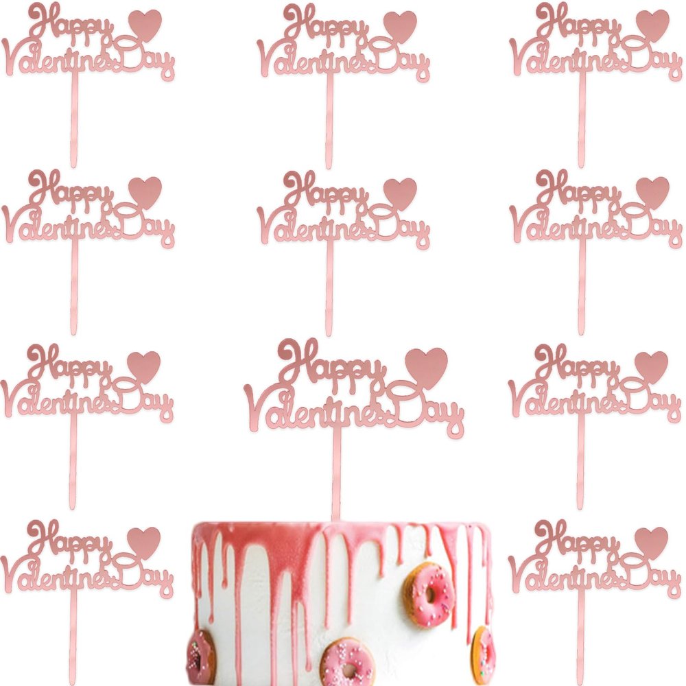 10Pcs Happy Valentine's Day Cake Topper Acrylic Cake Topper Rose Gold Valentines Day Cupcake Topper Heart Shaped Cake Picks Cake Accessories for Wedding Valentine's Day Gifts Cake Decoration Party