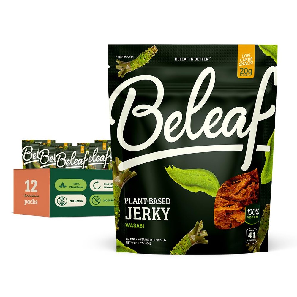 Beleaf Wasabi Plant-Based Jerky: High-Protein Snack  Healthy and Flavorful Vegan Jerky for On-the-Go Energy  Tasty Meatless, Vegetarian Meat Alternative (12 Pack)