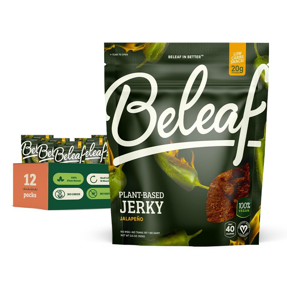 Beleaf Jalapeo Plant-Based Jerky: High-Protein Snack  Healthy and Flavorful Vegan Jerky for On-the-Go Energy  Tasty Meatless, Vegetarian Meat Alternative (12 Pack)