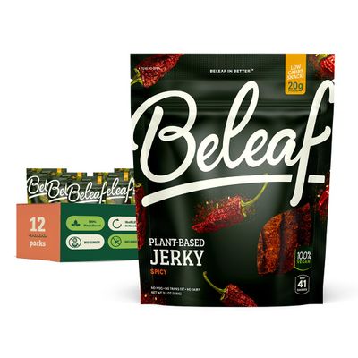 Beleaf Spicy Plant-Based Jerky: High-Protein Snack  Healthy and Flavorful Vegan Jerky for On-the-Go Energy  Tasty Meatless, Vegetarian Meat Alternative (12 Pack)