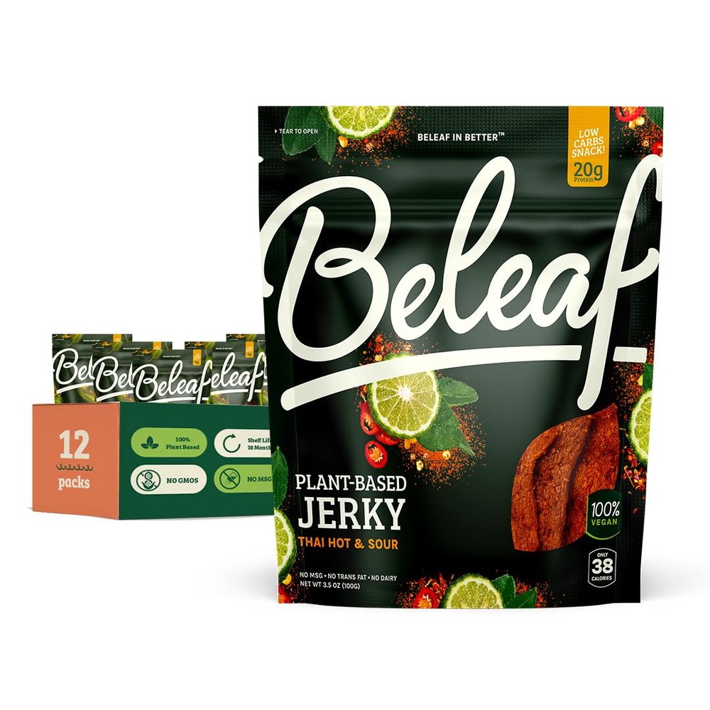 Beleaf Thai Hot & Sour Plant-Based Jerky: High-Protein Snack  Healthy and Flavorful Vegan Jerky for On-the-Go Energy  Tasty Meatless, Vegetarian Meat Alternative (12 Pack)
