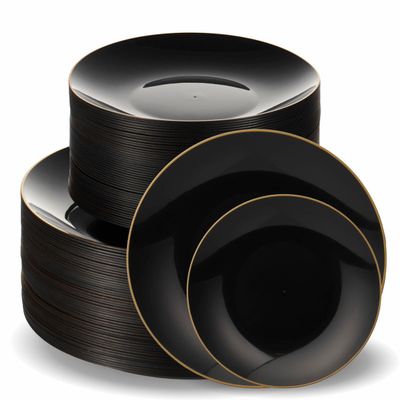100 PCS Disposable Plastic Black Plates Combo | 50 7.5 In. Gold Rim Appetizer/Dessert Plates And 50 10 In. Gold Rim Plastic Dinner Plates | Heavy Duty Plates For Wedding, Parties Or Catering