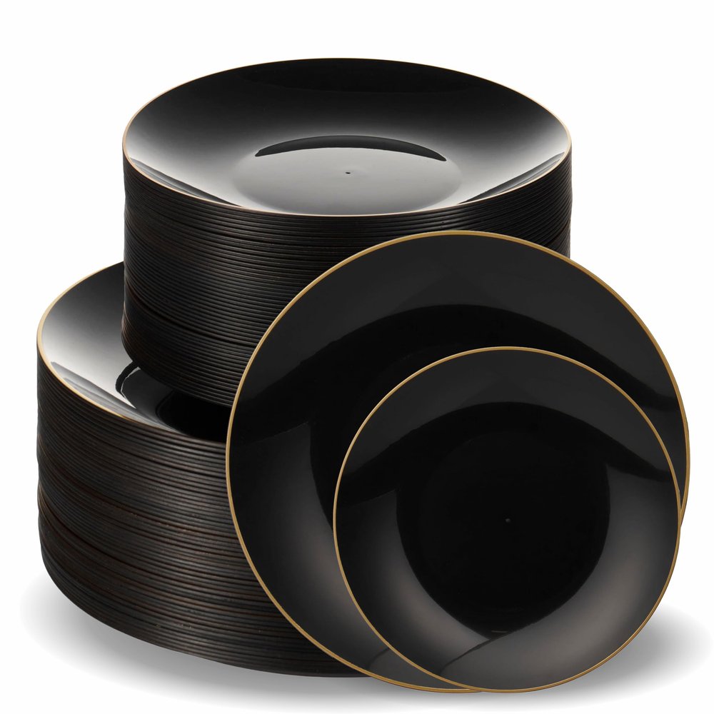 100 PCS Disposable Plastic Black Plates Combo | 50 7.5 In. Gold Rim Appetizer/Dessert Plates And 50 10 In. Gold Rim Plastic Dinner Plates | Heavy Duty Plates For Wedding, Parties Or Catering